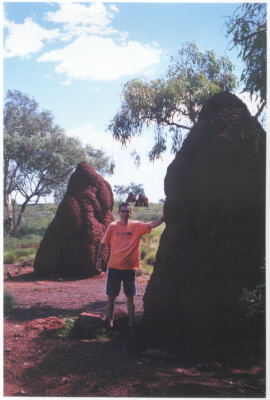 We zien écht talloze termietenheuvels langs de wegen van West-Australia. De hoogste concentratie
                    was tussen Coral Bay en Exmouth. Honderden kilometers lang zijn we omringd door puntige kegels van
                    rode klei. Dit stel staan in Litchfield National Park (NT).